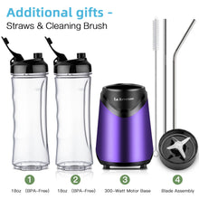 La Reveuse Smoothie Blender Personal Size 300 Watts with 2 Pieces 18 oz BPA Free Travel Sports Bottles,Purple