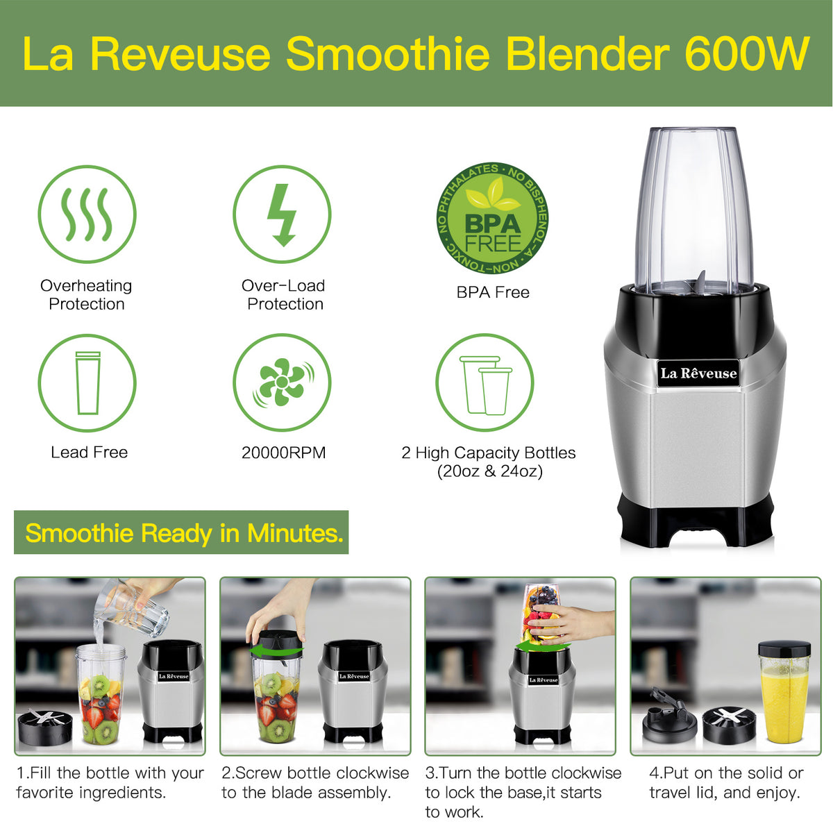 La Reveuse 2-in-1 Professional Countertop Blender 450-Watt with 44 Oz – La  Reveuse Home Appliances
