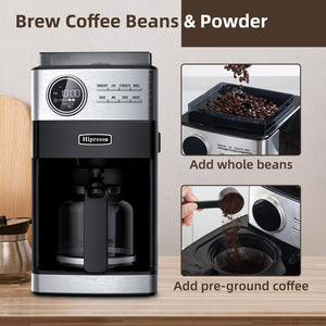 La Reveuse Programmable Drip Coffee Maker with Burr Grinder,2-Way Brewing,12 Cups,Black & Stainless Steel