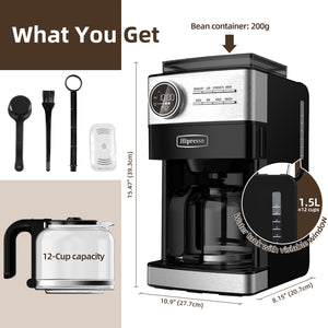 La Reveuse Programmable Drip Coffee Maker with Burr Grinder,2-Way Brewing,12 Cups,Black & Stainless Steel