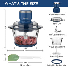 La Reveuse Food Processor,Electric Food Chopper with 7-Cup (1.7L) Glass Bowl, 4 Bi-Level Blades for Chopping,Grinding,Mincing,Whisking,Meal Prep,300W,Blue