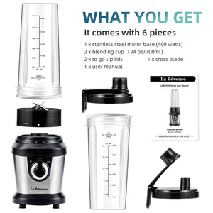 La Reveuse Blender for Shakes Smoothies,400W, with 2 x 24 Oz Blending Cups and To Go Lids,BPA free