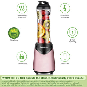 La Reveuse Smoothie Blender Personal Size 300 Watts with 2 Pieces 18 oz BPA Free Travel Sports Bottles,Grey (Pink)