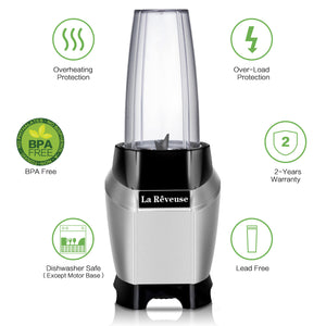 La Reveuse Personal Intellgent Blender 1000W Powerful Motor Ice Crusher With Travel Lid BPA Free - 24oz Portable Sports Bottle Golden Stainless Steel Blade - SILVER LARB1803G