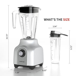 La Reveuse 2-in-1 Professional Countertop Blender 450-Watt with 44 Oz Blending Pitcher,17 Oz To Go Bottle for Frozen Drinks,Smoothies, Silver