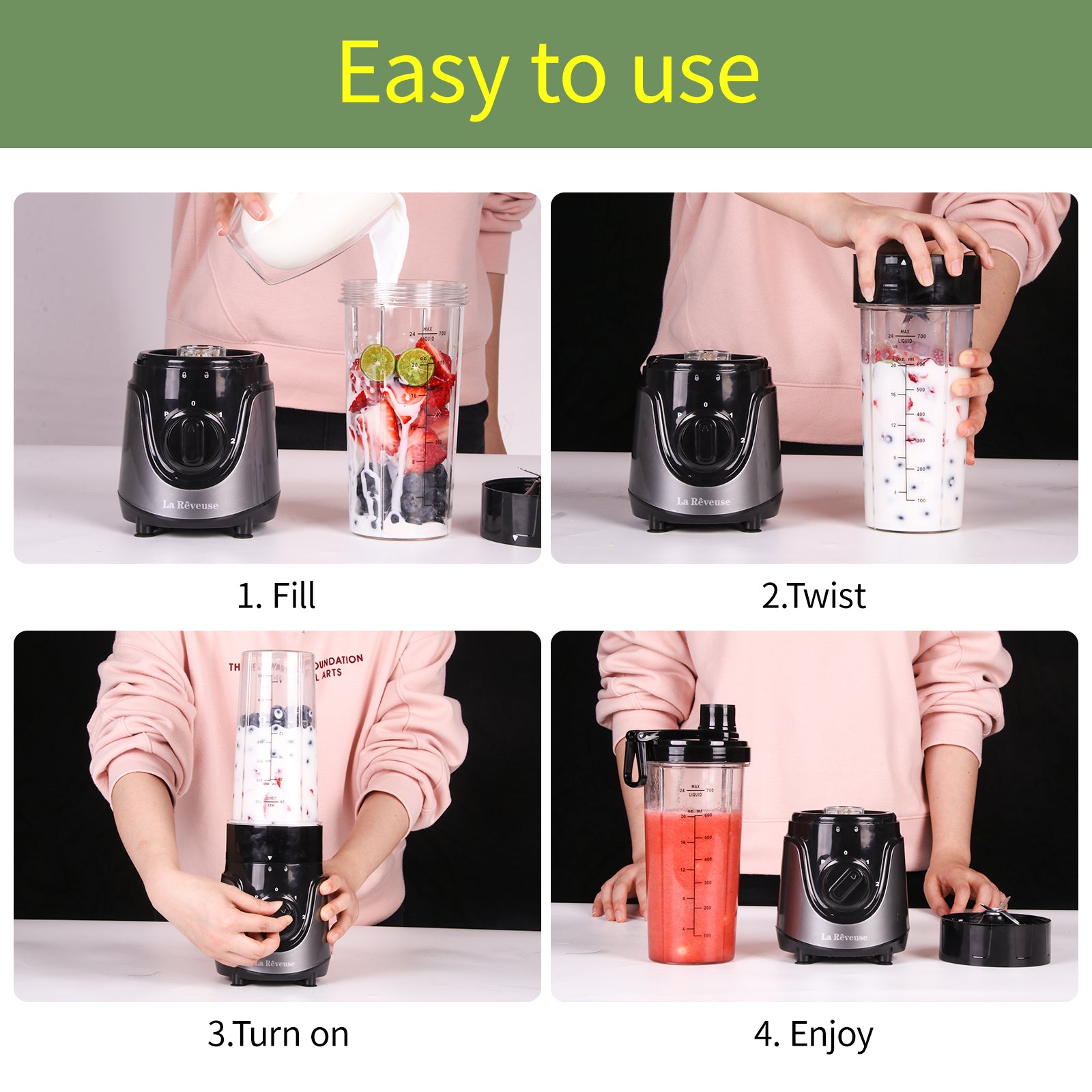 La Rêveuse Mixeur Blender avec 2 Bouteilles BPA-Free Portables de 550ml  Mini Blender électrique Multifonctionnel pour Smoothie Milk-shake  Fruits,Puissant 300W (Pink) : : Cuisine et Maison