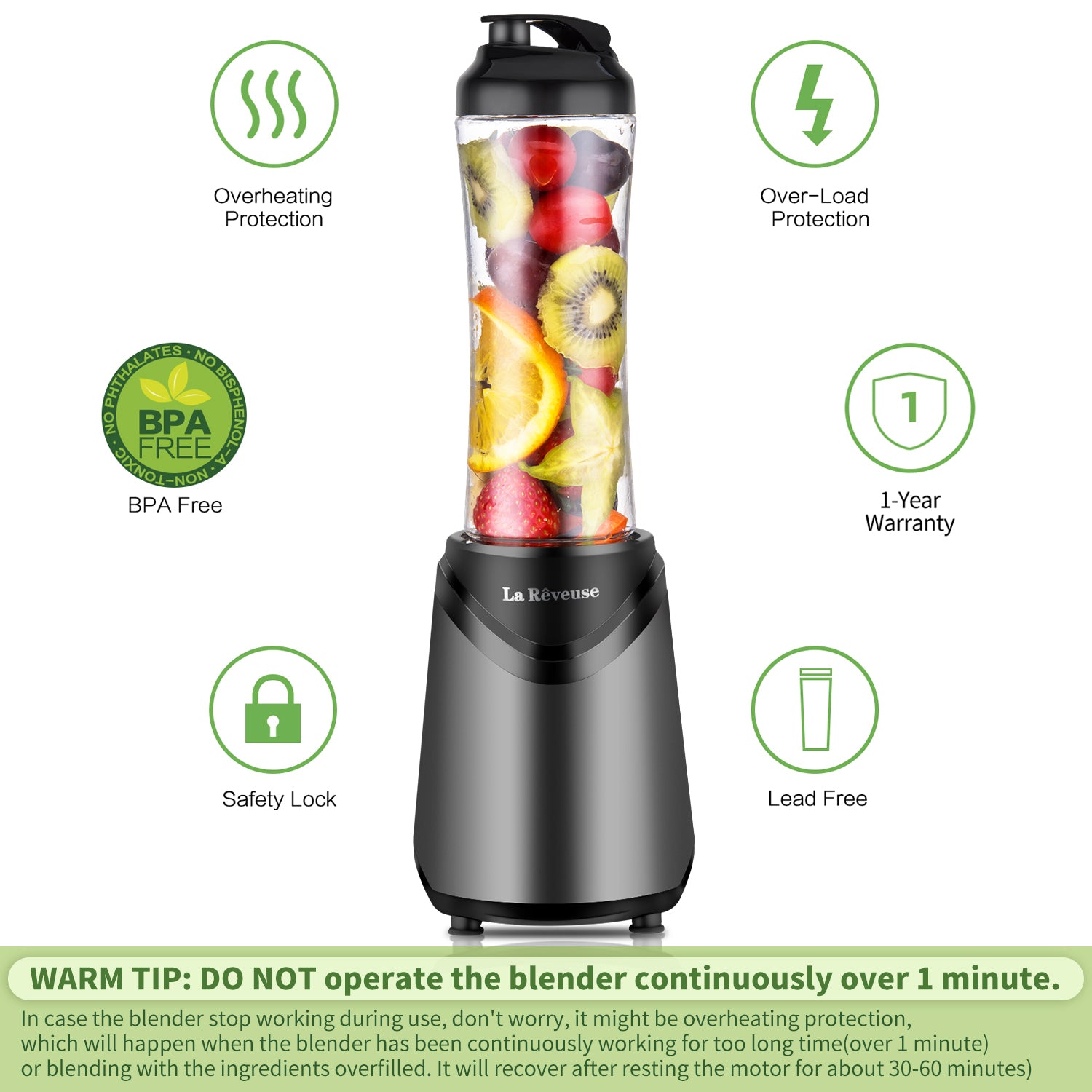La Reveuse Smoothies Blender 300 Watt with 18 oz BPA Free Portable