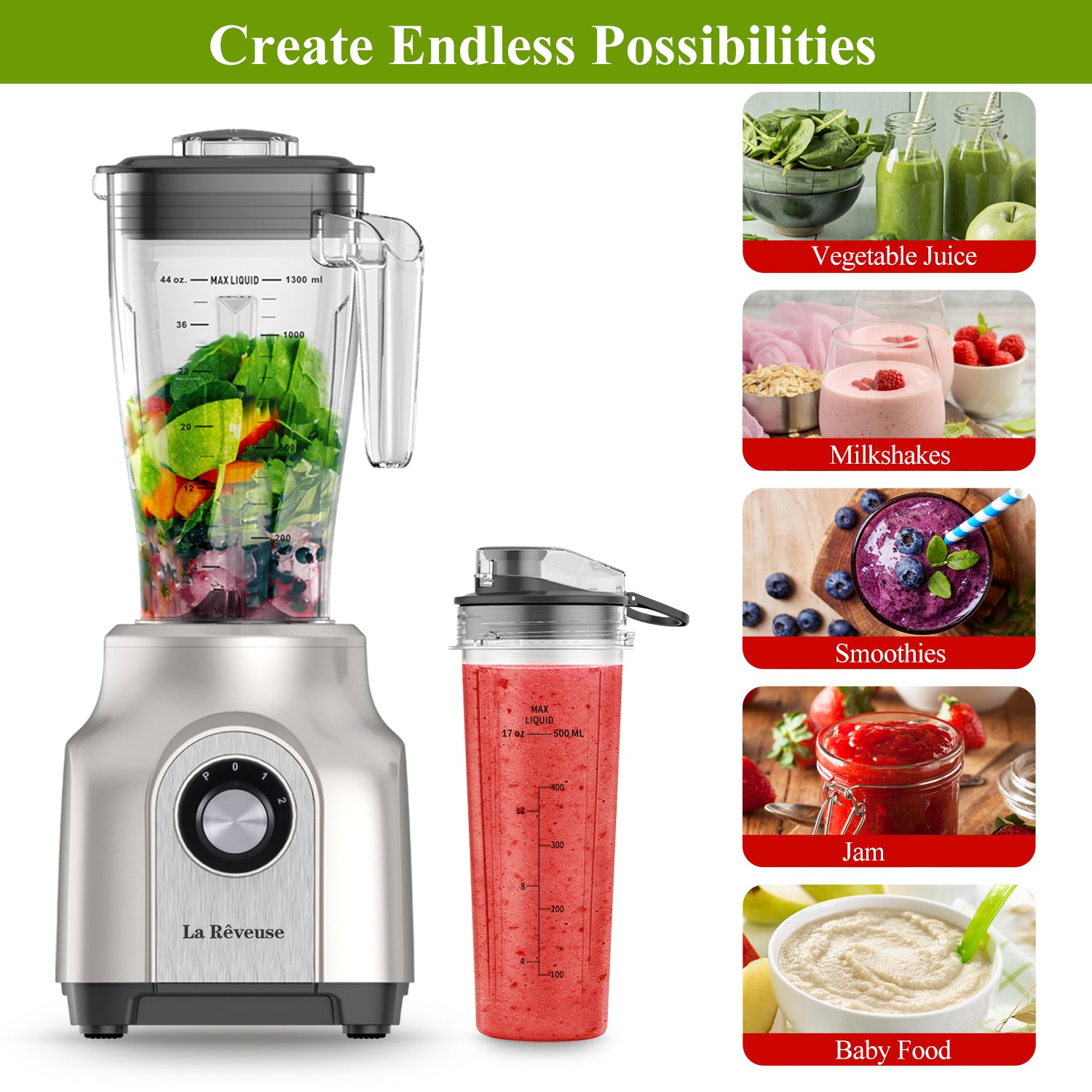La Reveuse Professional Countertop High Speed Blender with 1200 Watts Base-51 oz