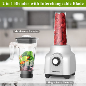 La Reveuse 2-in-1 Professional Countertop Blender 450-Watt with 44 Oz Blending Pitcher,17 Oz To Go Bottle for Frozen Drinks,Smoothies, Silver